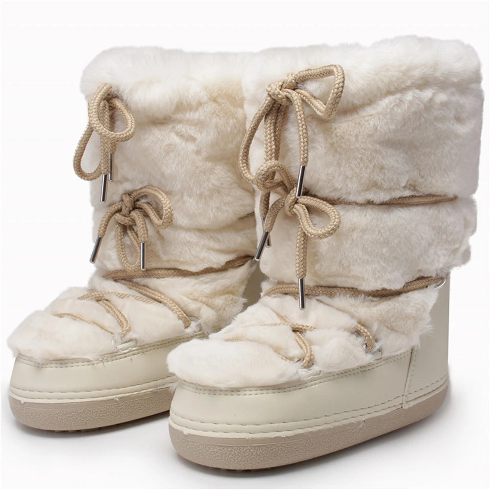 2025 Winter Snow Boots Women Ski Boots Luxury Fluffy Furry Fur Boots Female Rivets Warm Waterproof Platform Black Cotton Boots