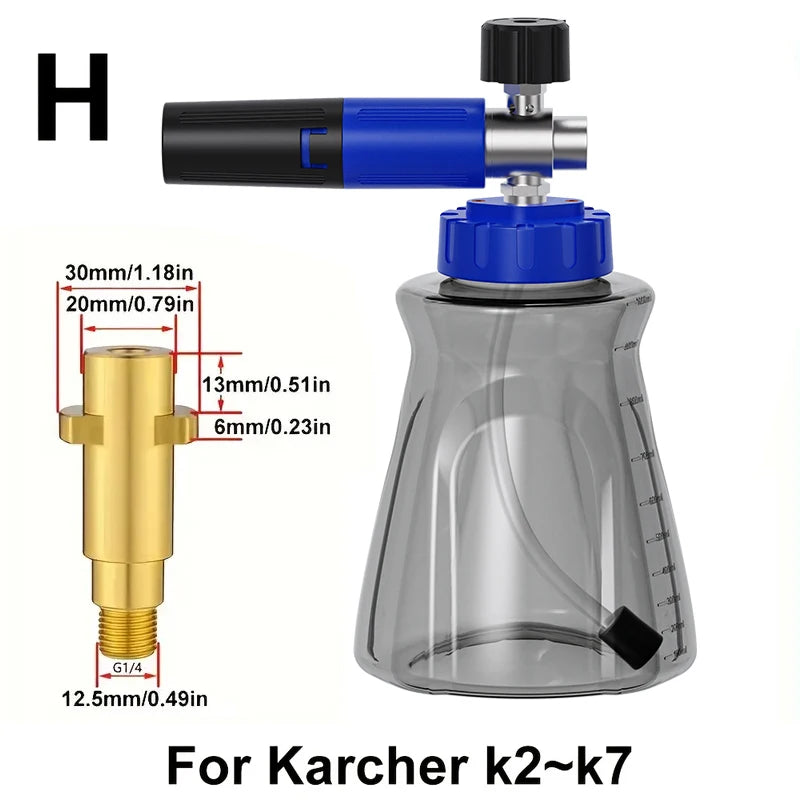 Stylish blue-black foam cannon, 1/4" quick-connect fitting, leak-proof lid air valve, for Karcher Elitech Bort AR Bosch