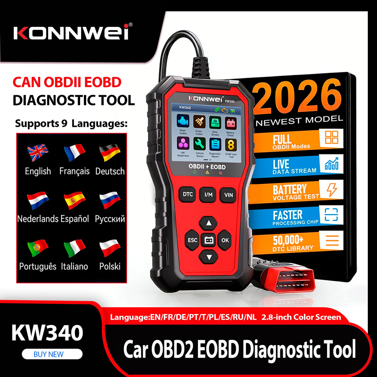 KONNWEI KW340 OBD2 Car Diagnostic Scanner with Battery Test, Read/Clear Codes, Live Data