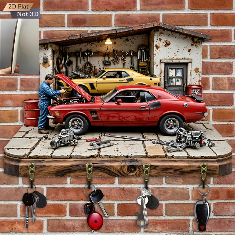 Automobile Repair Theme 2D Wooden Key Rack Multi-functional Metal Hook Wall Decora Organizer for Home Room Moving Creative Gift
