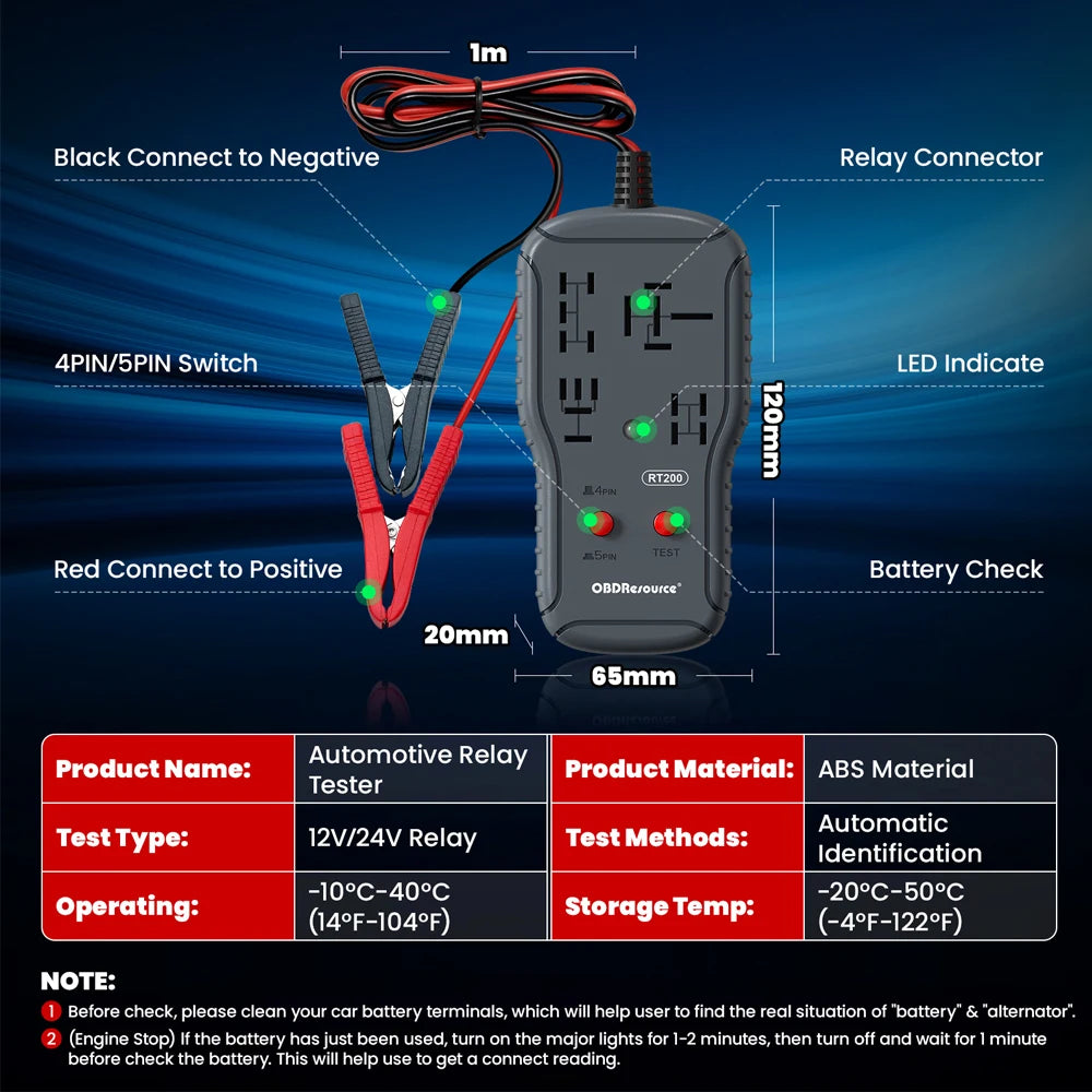 OBDResource 12V/24V Car Relay Tester 4Pin 5Pin Relay Detection Diagnostic Tool Professional Voltage Tester Battery Checker