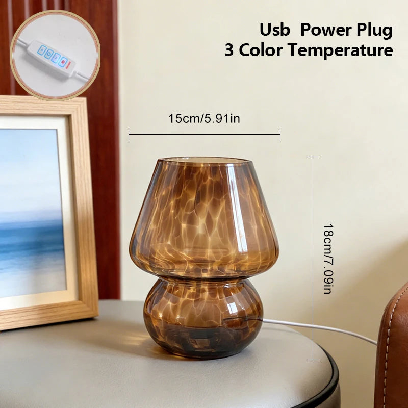 Glass Mushroom Table Lamp, Coffee Color Lampshade, Bedside Bedroom Decor Light