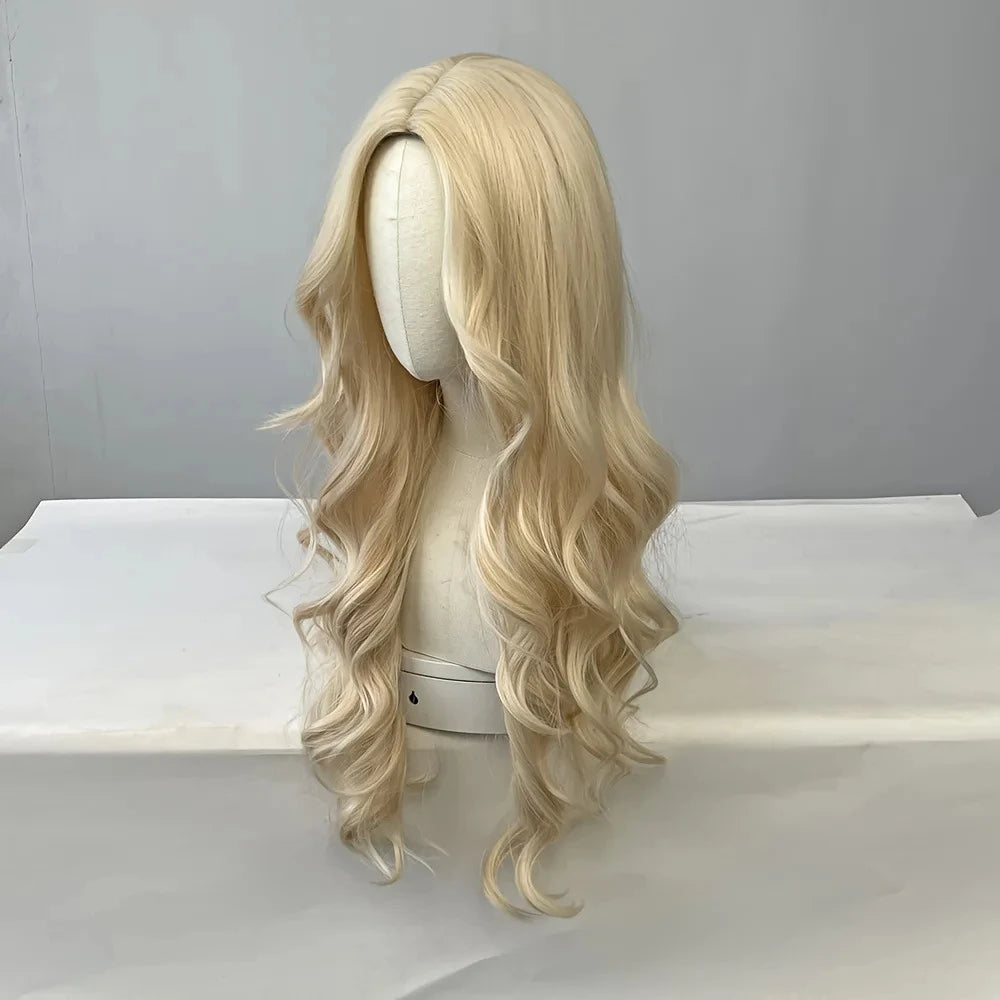Golden curly synthetic wig for long curly hair for party, Halloween cosplay, daily use, high-temperature hair accessory
