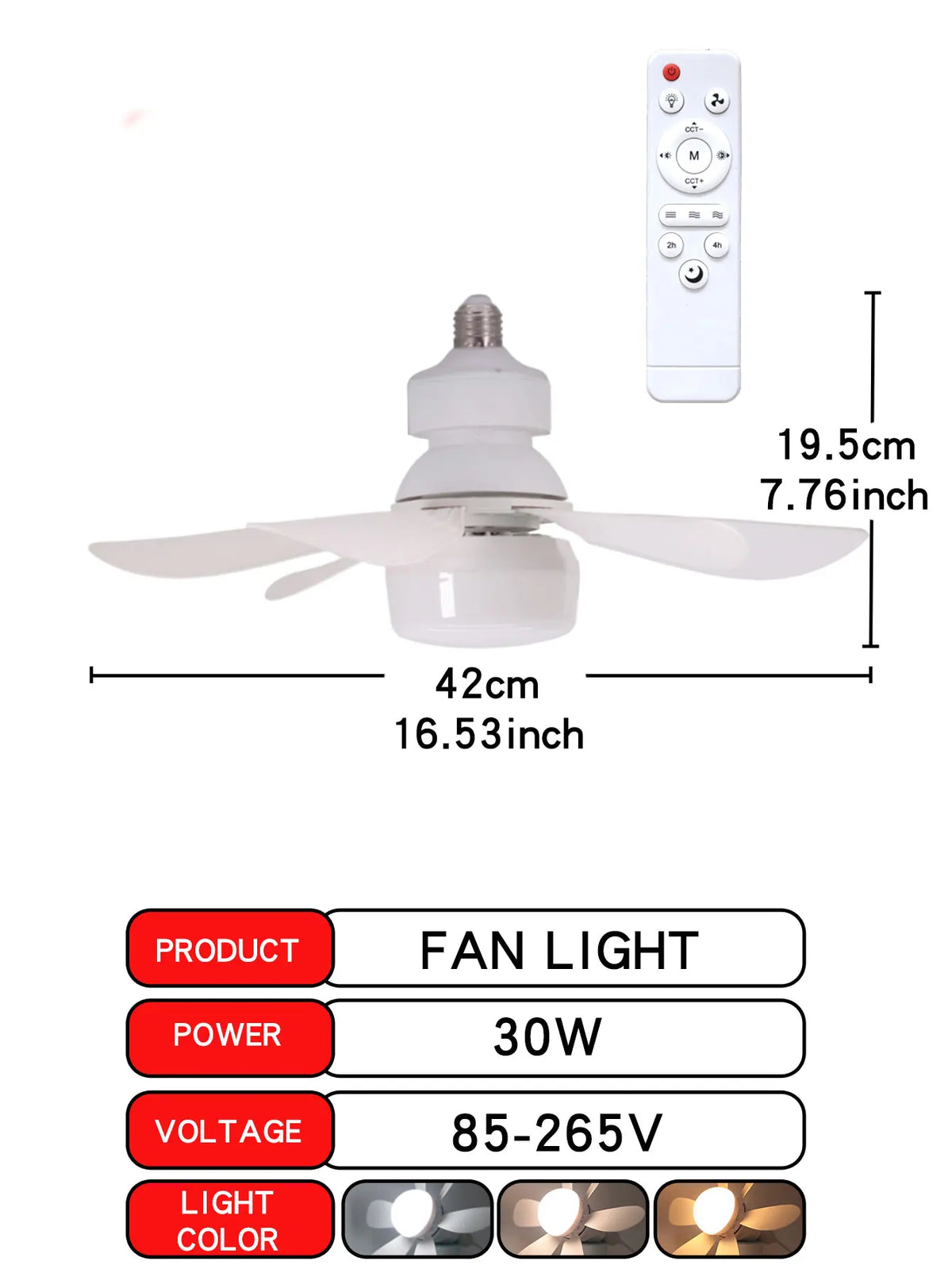 16.53 Inch Small Ceiling Fan With LED Light 30W E27 Base Remote Control 3 Speed Adjustable 3000K-6500K Dimmable For Bathroom