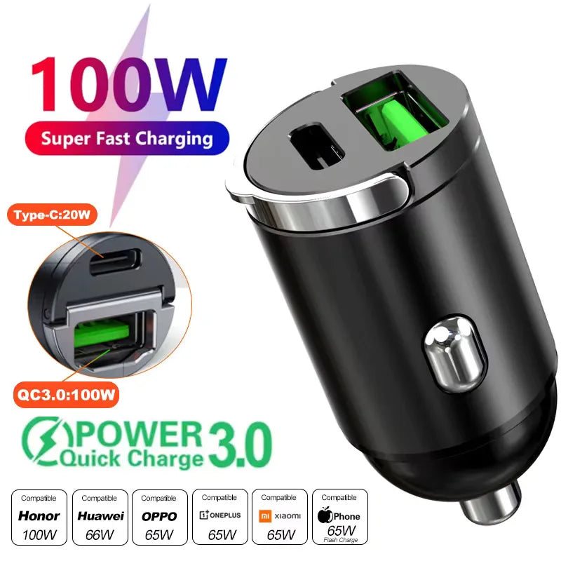 100W/200W QC3.0 PD Mini Car Charger 12-24V Lighter Fast Charging Car USB Type C Charger for Xiaomi Samsung iPhone Power