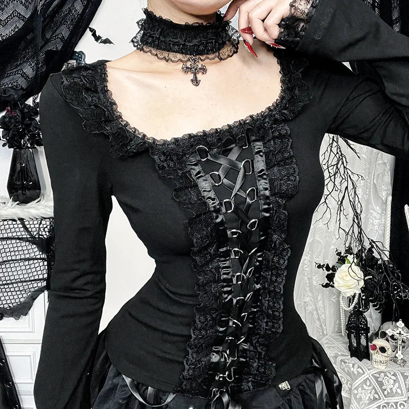 Goth Black Lace Trim Long Sleeve T-Shirts Vintage Sexy Lace-up Square Collar Tops with Choker Cross Women Autumn Tees