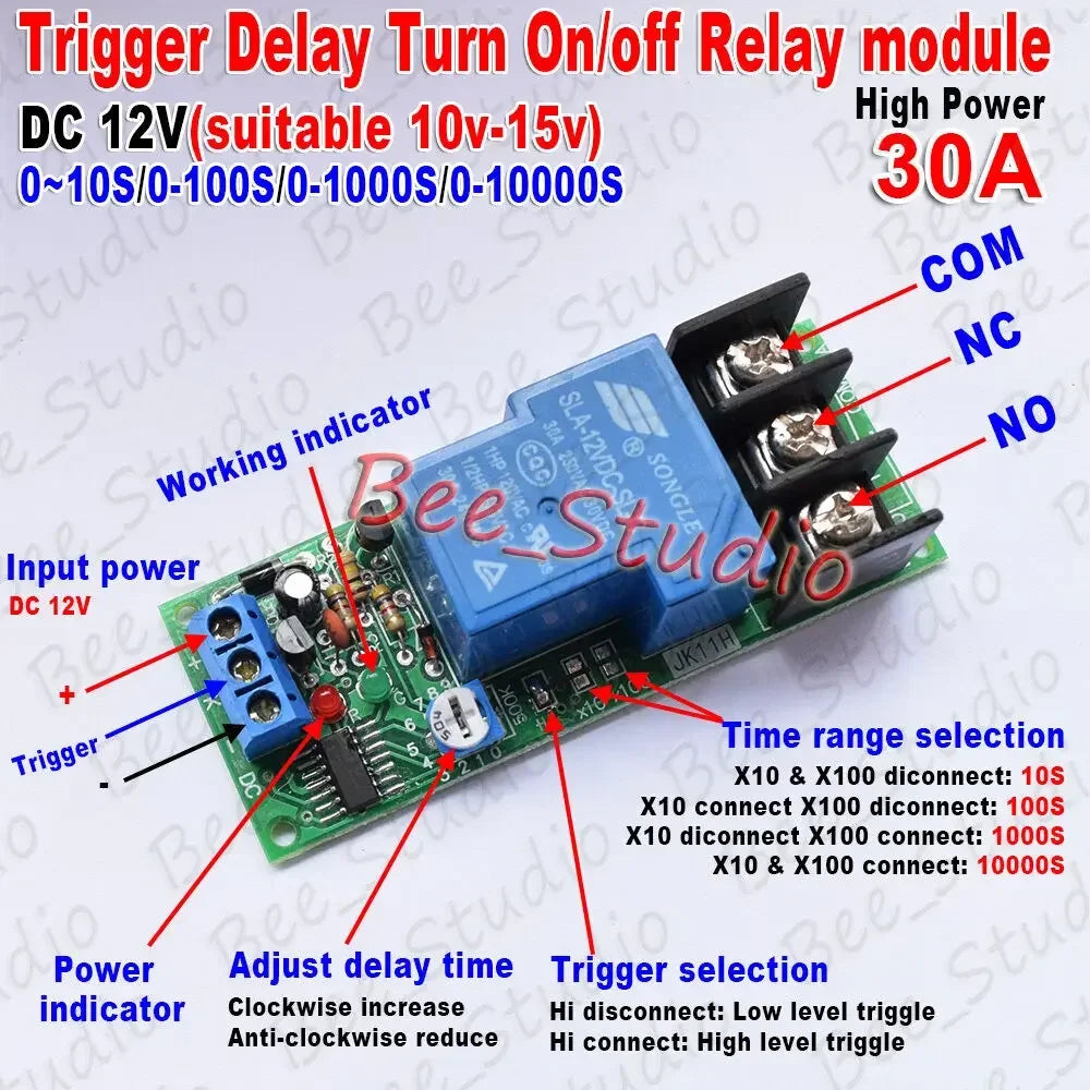 Time Delay Relay Module Timer Switch Adjustable Delay 30A DC 12V or 24V