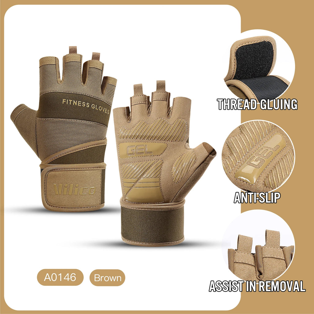 Half Finger Cycling & Gym Training Gloves Anti-Slip Grip, Black/Brown, Sizes M-XL