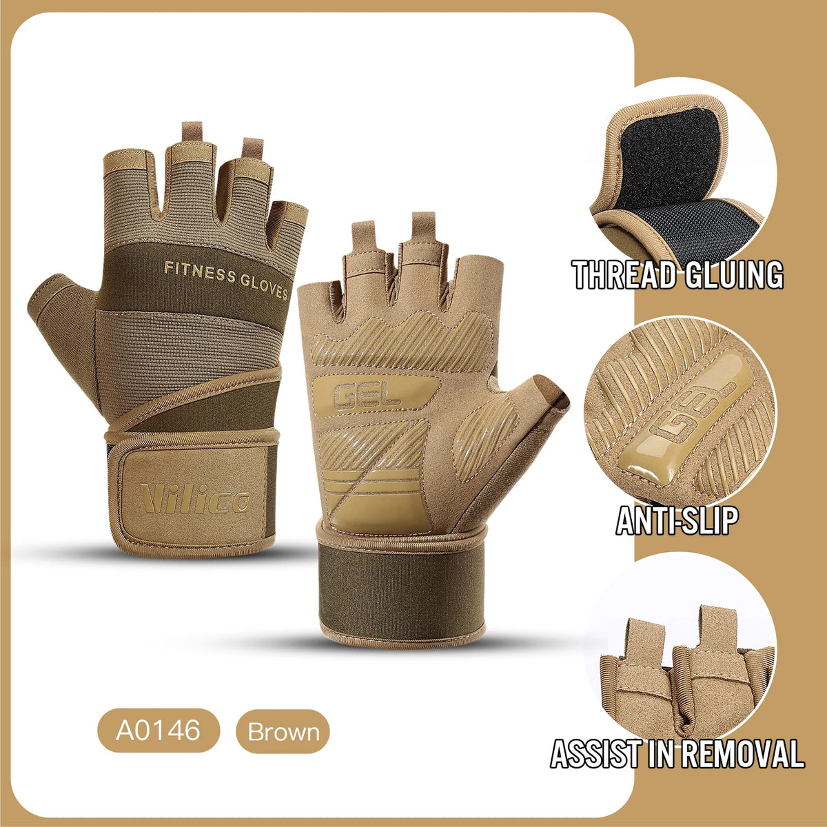 Half Finger Cycling & Gym Training Gloves Anti-Slip Grip, Black/Brown, Sizes M-XL