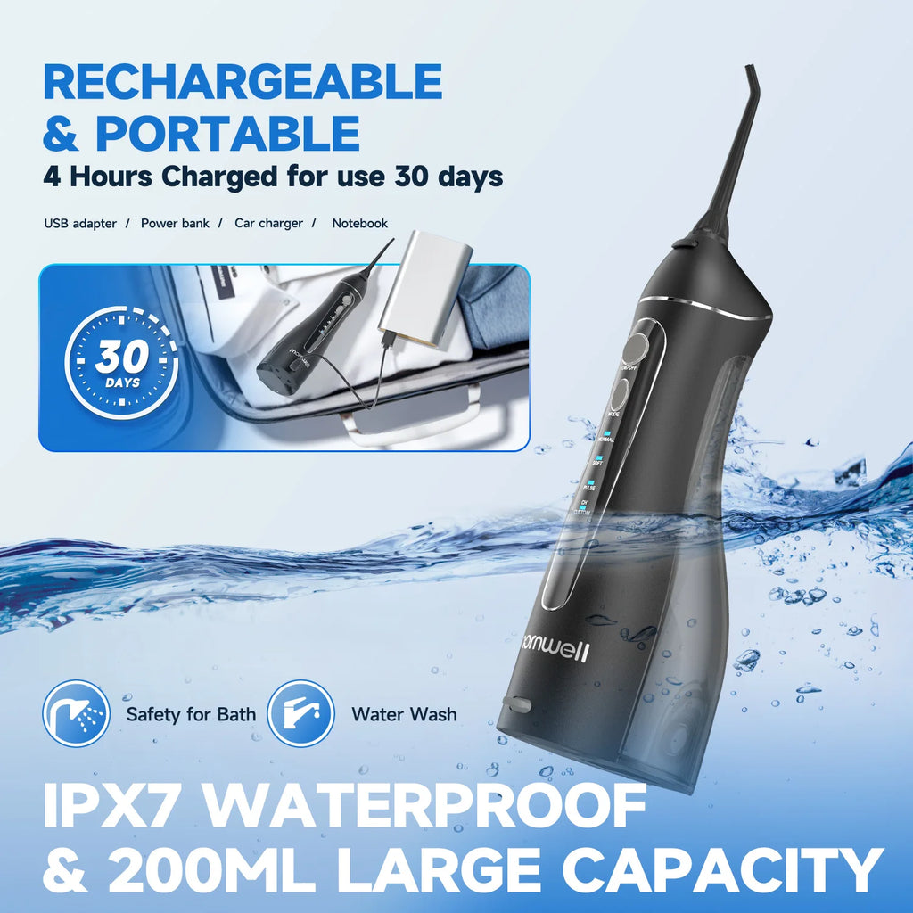 Water Floss Portable Cordless F18 Water Flosser 3 Cleaning Modes Waterproof Rechargeable Water Cleaner 4 Nozzles Clean Gums