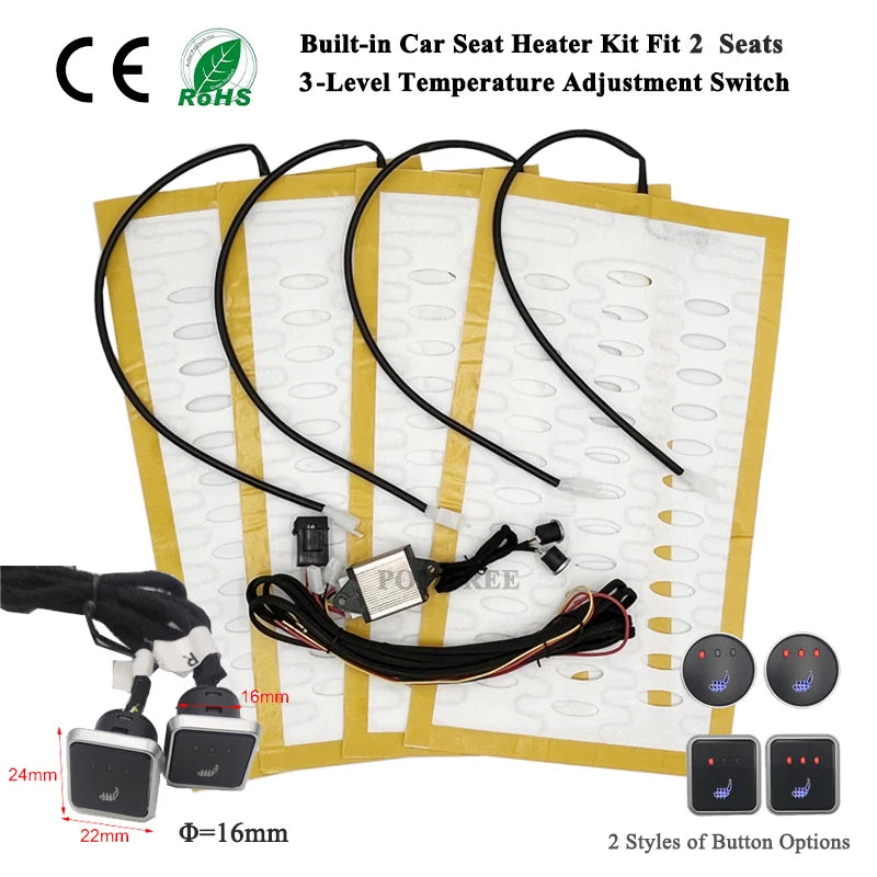Universal Built-In Car Seat Heater Kit Fit 2 Seats 12V Alloy Wire Heating Pads 3 Levels Dual Control Heated Switch System