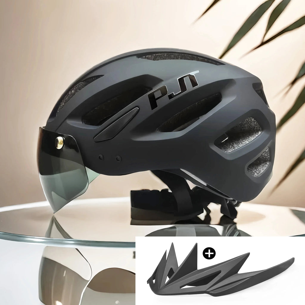 PJT New LED Bike Helmet With Sun Goggle Visor Rechargeable LED Men Bicycle Helmet Sunglasses Shield Road MTB Cycling Helmets