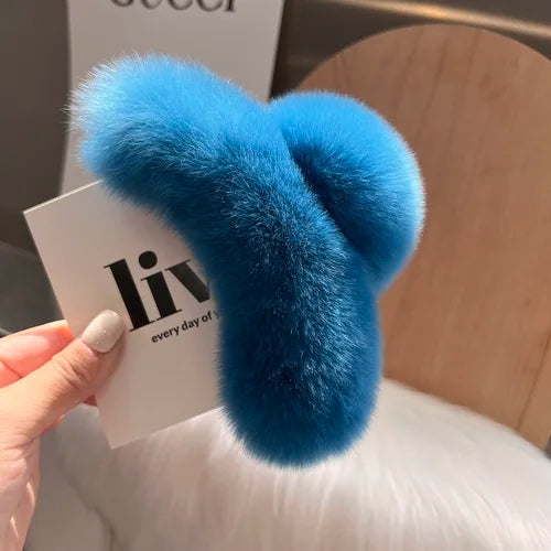 Natural Rex Rabbit Fur Hair Claw Large Hairpin Temperament Clip New Cute Plush Hair Scratching Ponytail Fuzzy Claw Clip