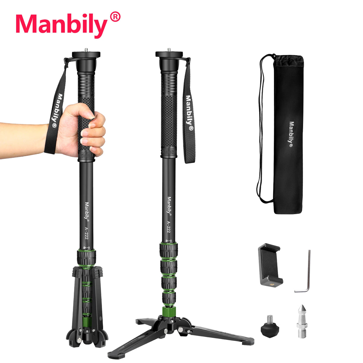 Manbily Lightweight Camera Tripod Monopod Selfie Stick Aluminum A-222 Pro For Canon Nikon DSLR Travel Max 170cm with M-2 Base