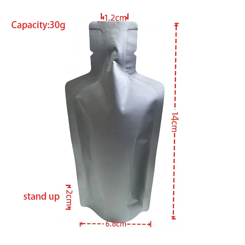 100pcs Bottle Shaped Small Sample Bag Food Grade Aluminum Foil Packaging Pouches for Juice Liquid Beverage Drinking 10g 30g 50g