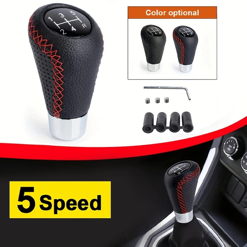 Universal 5-Speed Manual Leather Gear Shift Knob Red Stitch, M8 M10 M12 Adapters