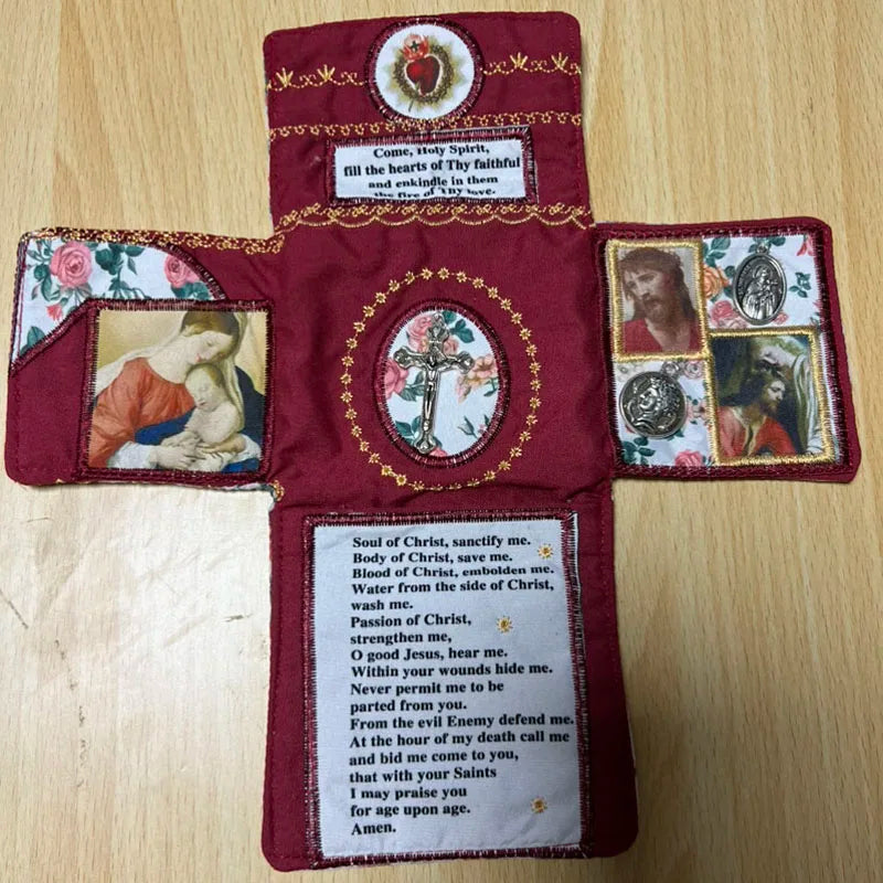 Handcrafted Pocket Shrine with Cross Included Inside,Faith Cross-Shaped Fabric Pouch Sewing Pocket with Saint Images Prayers ﻿