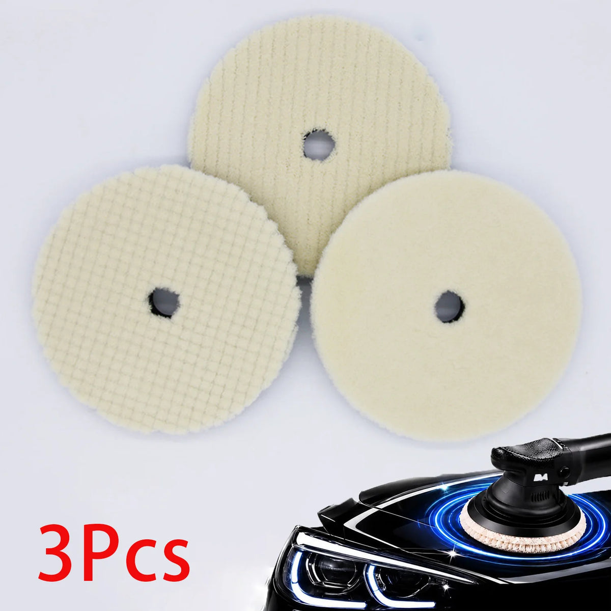 3Pcs 5/6 Inch Wool Buffing Pads,  Wool Cutting & Polishing Pad Kit for DA Polisher, Low Lint Paint Correction Pads