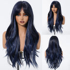 Long wavy synthetic wig with bangs, brown heat resistant, includes wig cap, 1pc