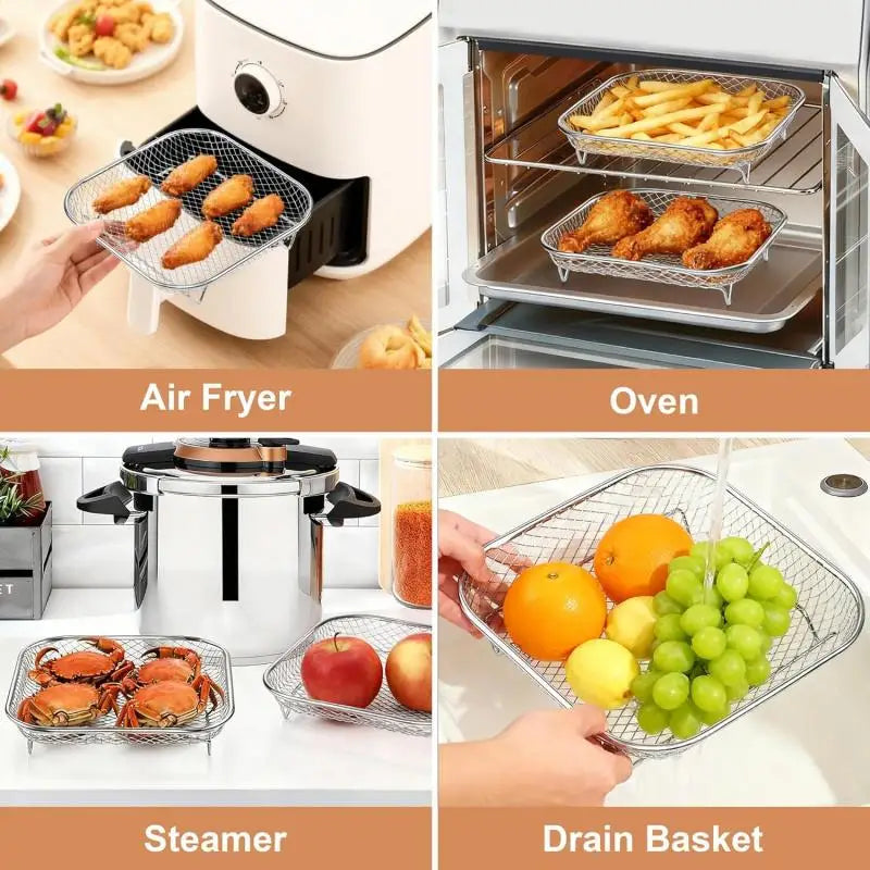 3-piece square air fryer basket set, stackable stainless steel air fryer basket accessories, deep dehydration rack, dishwasher