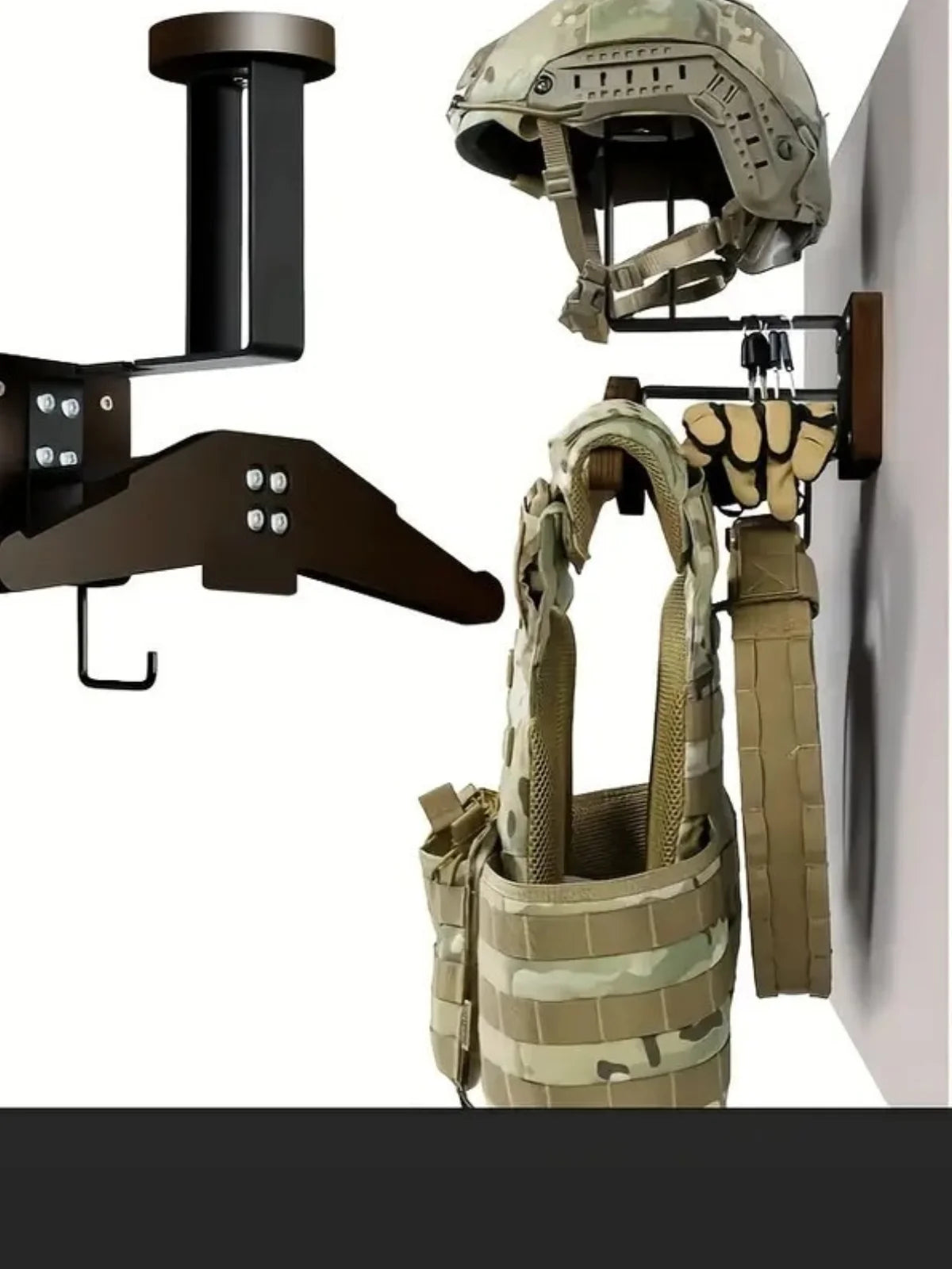 Stainless Steel Wall Mount with Wooden Motorcycle Helmet Holder for Tactical Helmets, Vests and Motorcycle Accessories Storage