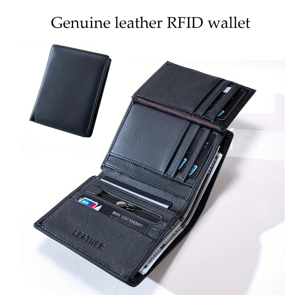 Men's Genuine Leather RFID Blocking Zip Wallet Vertical Credit Card Holder, Black/Coffee