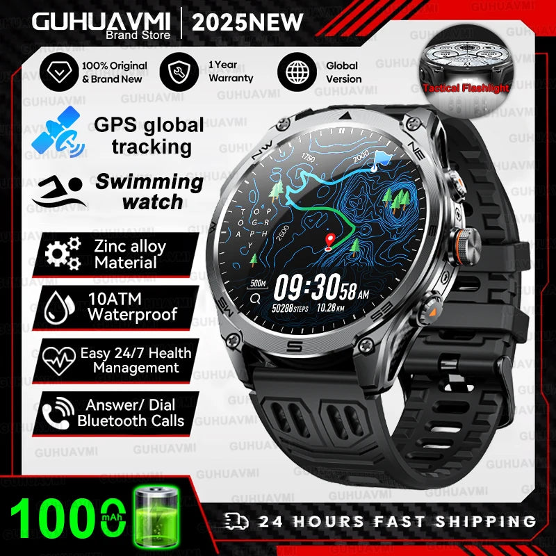 1.75''AMOLED Screen Smart Watch Men 10ATM Waterproof Compass GPS Smartwatch Bluetooth Call 1000mAh Large Battery Sports watch