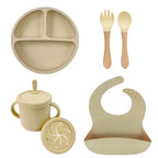 Food Grade Silicone Child Dish Set Baby Feeding Bowl Suction Plate Straw Cup Wooden Spoon Fork for Kids Tableware Toddler Dishes