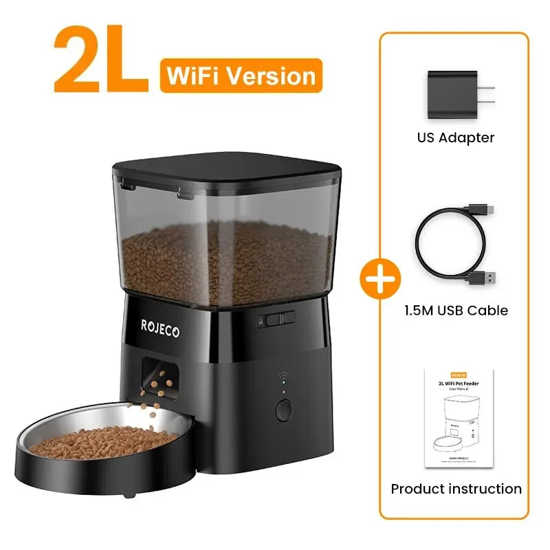 ROJECO 2L WiFi Automatic Cat Feeder Dry Food Dispenser, Black/White, EU/US/KR Plug