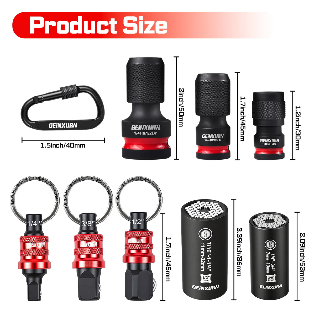 Geinxurn Socket Holder Keychain Set.1/4", 3/8", and 1/2" Drive Quick Release with Adapters, Ideal for Electricians, Construction