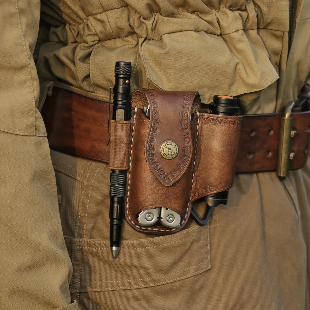 Tourbon Heavy Duty Leather EDC Pocket Multitool Sheath Clip-on Belt Solid EDC  Tool Pouch Case Brown