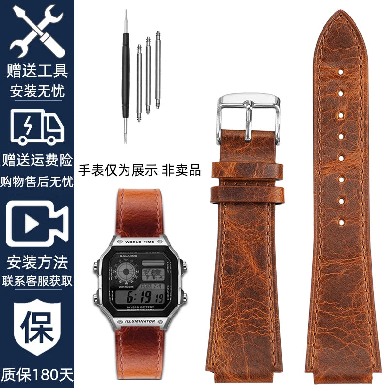 Retro Genuine Leather Watchband For Casio AE1200 AE1300 A158W/A168 W-216H Vintage Watch Strap convex mouth Men's Bracelet 18MM