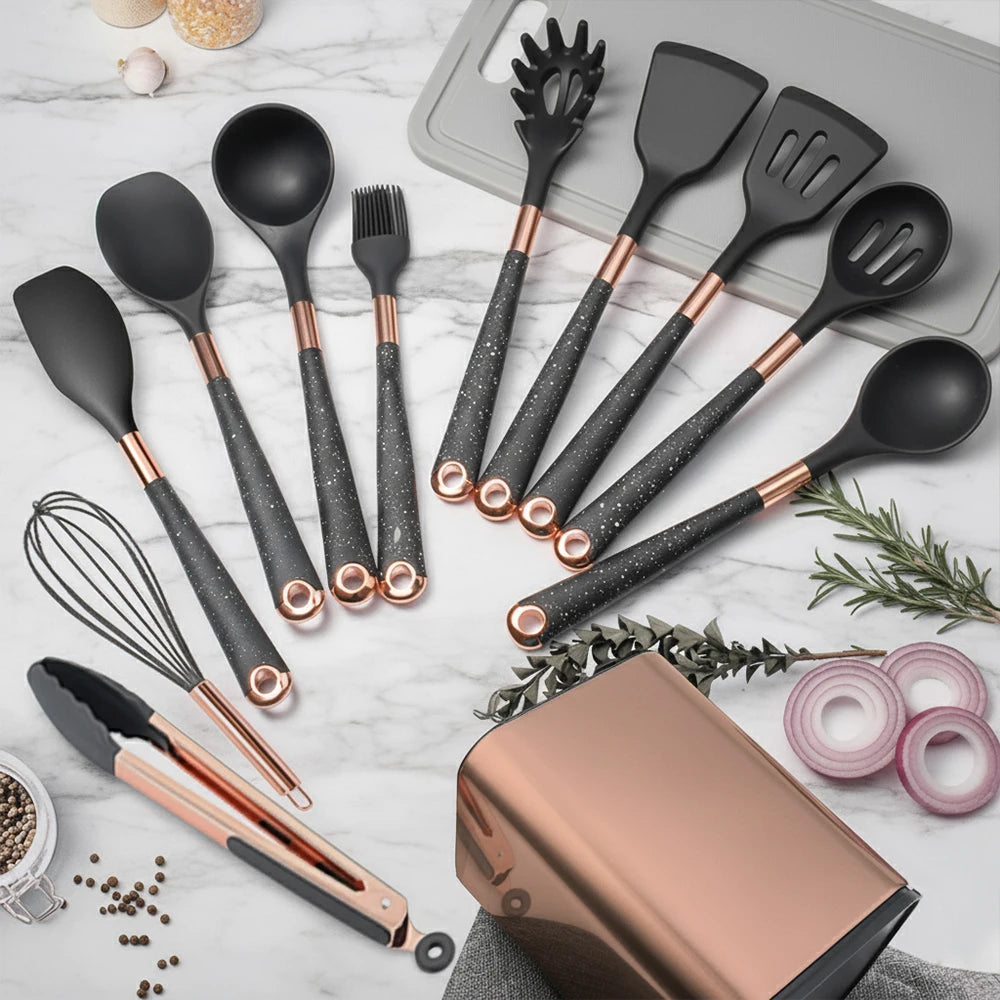 Silicone cooking utensils set with holder bucket, nonstick safe heat resistant, beige/black