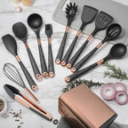 Silicone cooking utensils set with holder bucket, nonstick safe heat resistant, beige/black