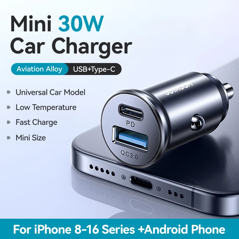 Joyroom 30W Mini Car Charger PD QC3.0 USB Type-C Fast Charging Car Charger Dual Ports Phone Charger For iPhone Samsung Galaxy