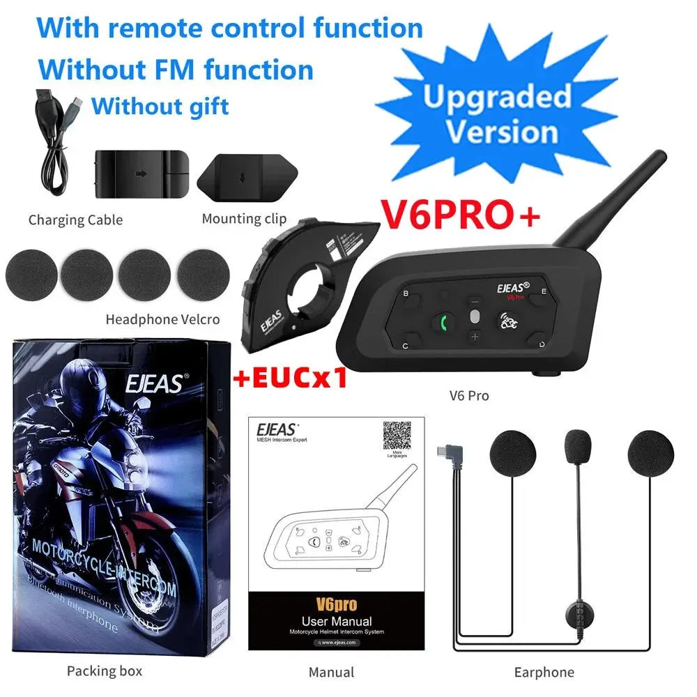EJEAS V6 PRO + Bluetooth Motorcycle Helmet Intercom Headset with 800M BT Interphone Communicator for 6 Riders Waterproof MP3