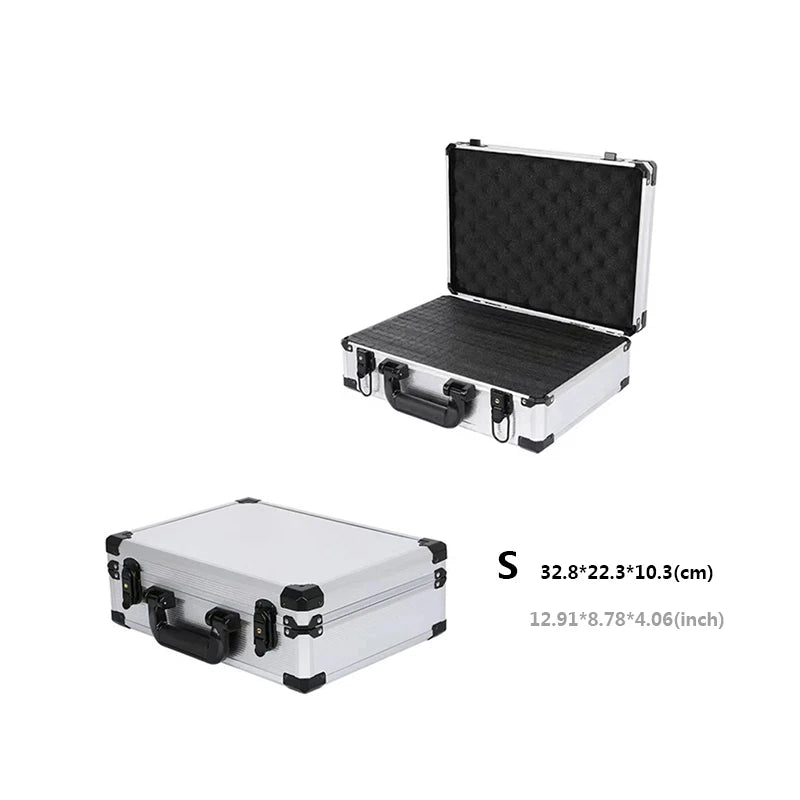 Aluminum Frame Protective Case Storage Box Suitcase with Key Locker Sponge Cubes Compartment for Micrphone Sound Card Mixer