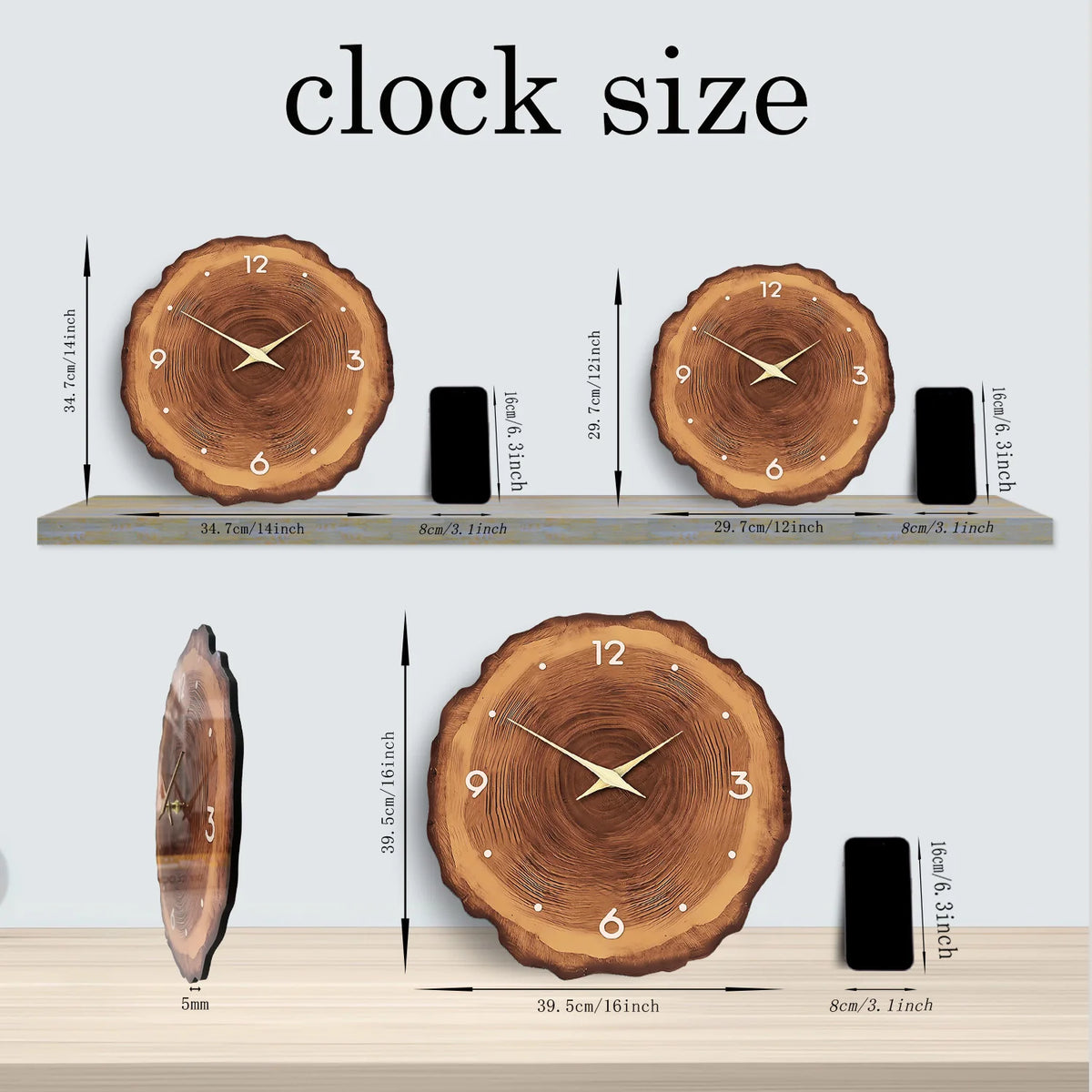 1pc wooden ring veneer wall clock, flat wood cross section texture pattern solid wood pointer design wall clock, silent clock