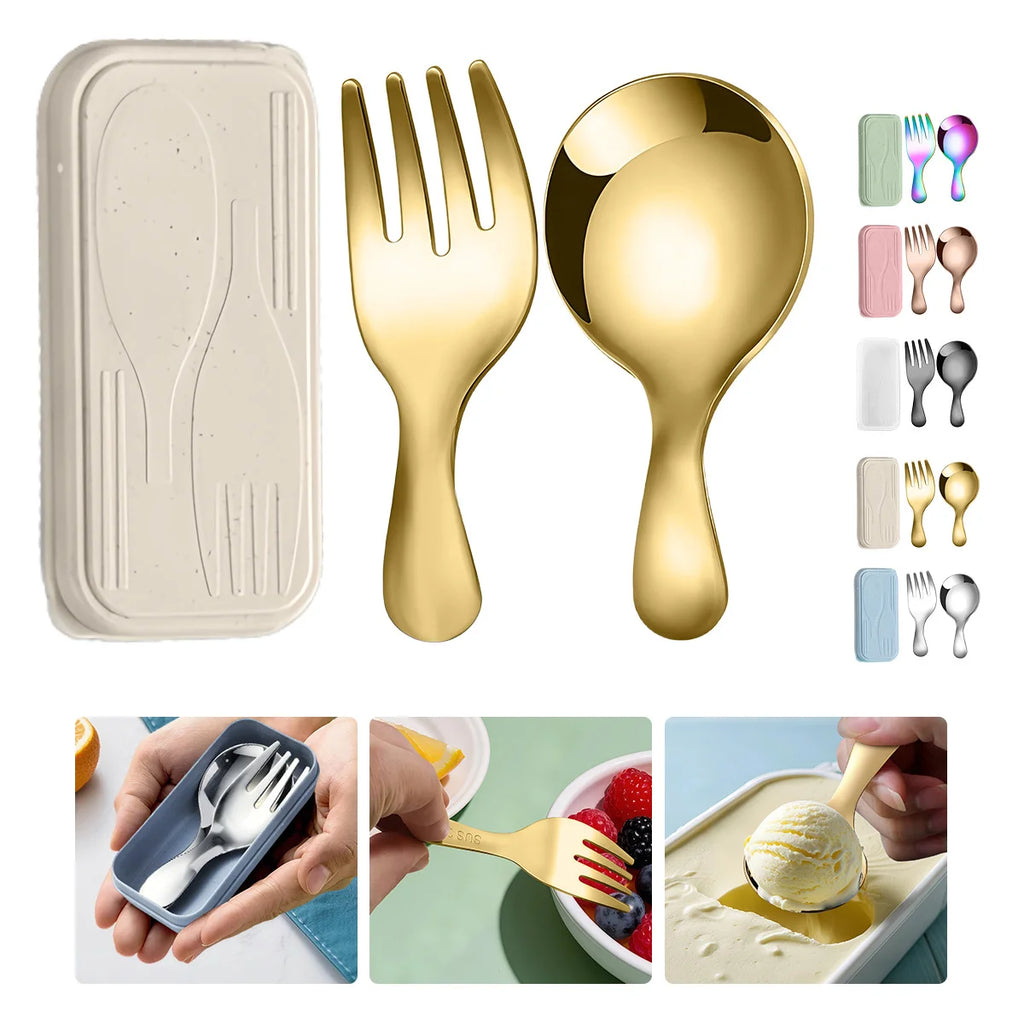 Stainless Steel Tableware Set Spoon Fork 2Pc Portable With Box Outdoor Camping Cutlery Lunch Hiking Camp Cooking Travel Flatware