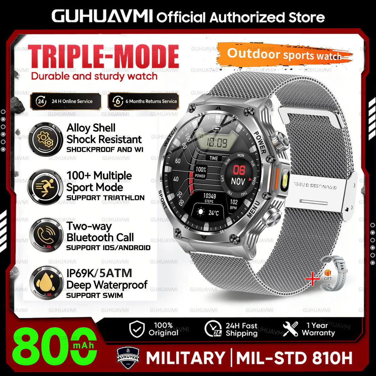 2026 New Military Grade Smart Watch Men 800mAh 5ATM Waterproof Bluetooth Call 1.8'' HD AMOLED GPS Sports Watches For Android iOS