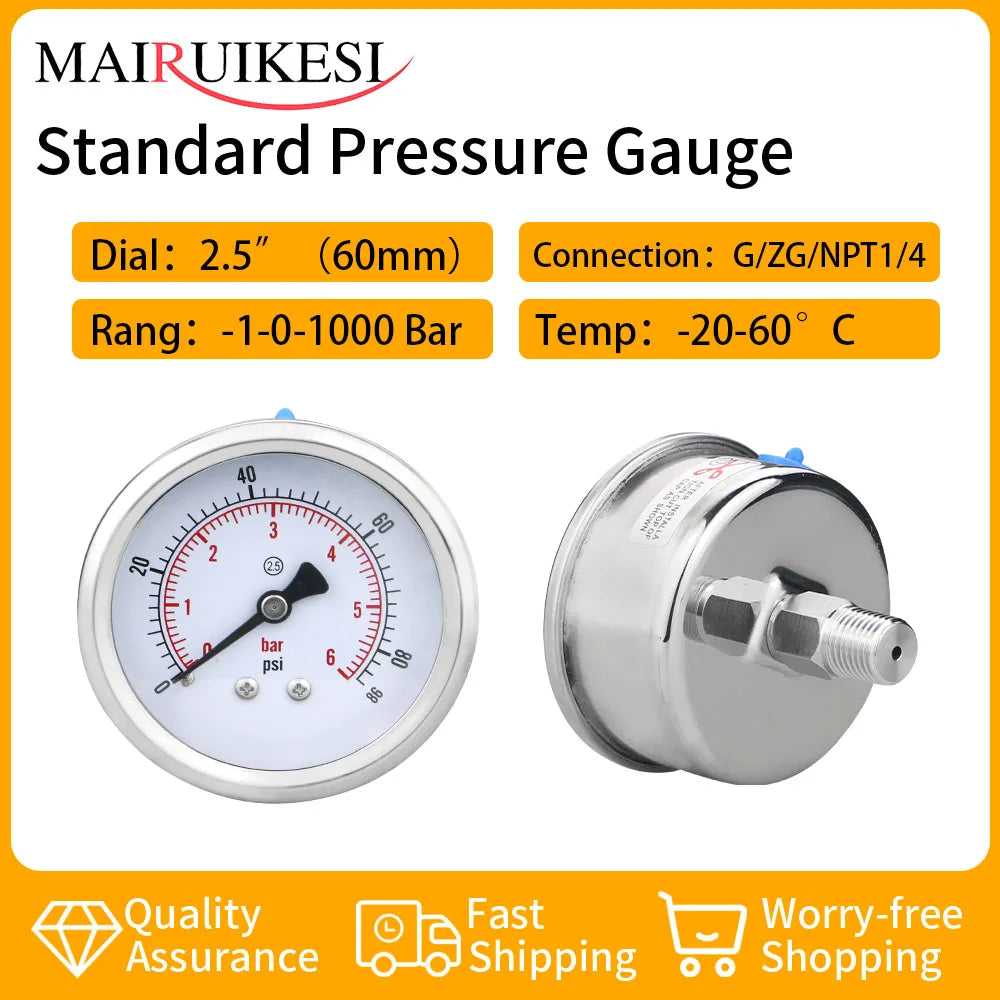 MAIRUIKSI Dry Pressure Gauge 60mm Back Mount 1/4 BSP(G) Vacuum/Pressure -1-0 to 0-600bar