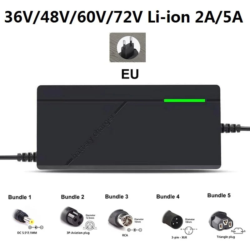 48V/60V/72V Charger 2A/5A Lithium-ion Battery Pack Charger 54.6V/67.2V/84V Intelligent Fast Charging EU Plug With Cooling Fan