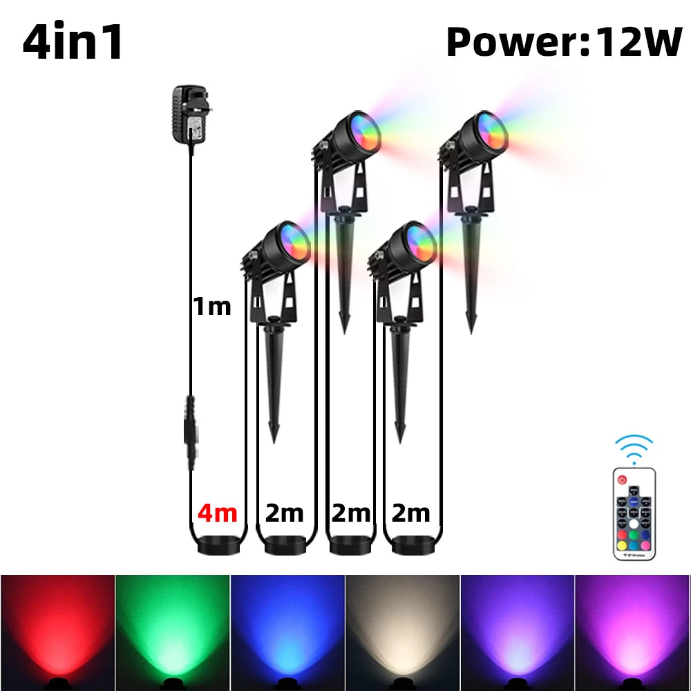 IP65 Waterproof Outdoor LED Landscape Spotlights, RGB Color Changing Remote, Aluminum, EU/US Plug