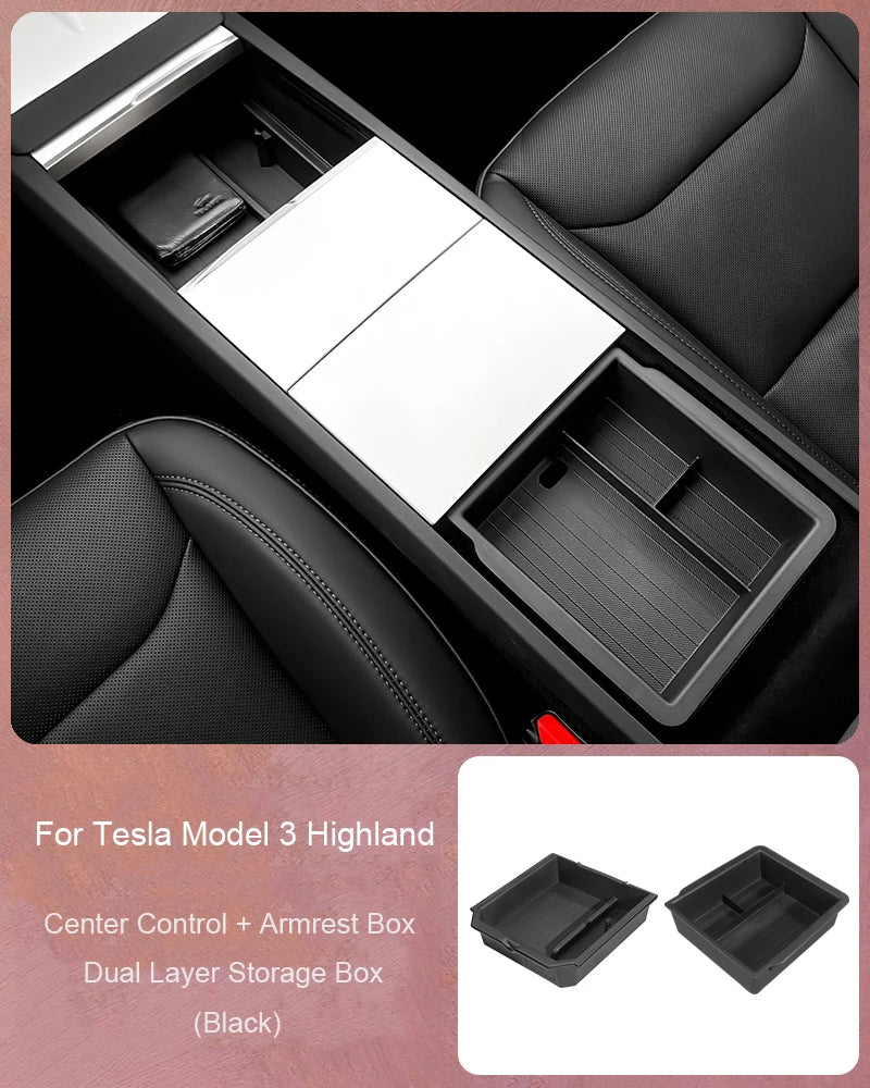 For Tesla Model 3 Highland 2024 Center Control Armrest Box Double-layer Storage TPE+ABS Center Control Layered Tray Container
