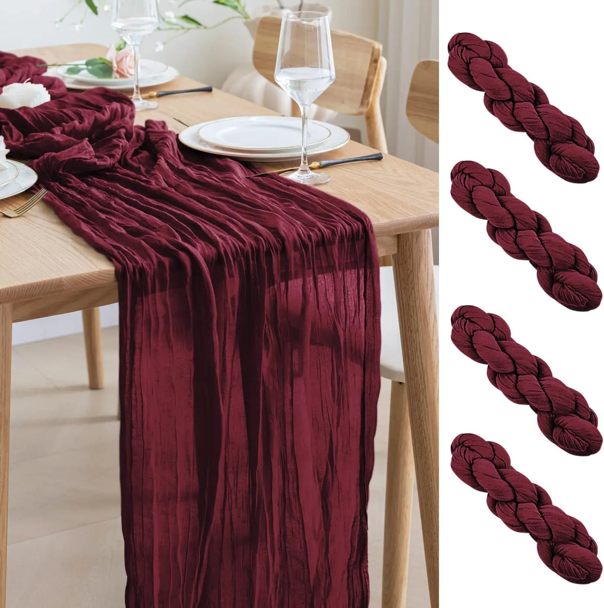 4 Pack Burgundy Cheesecloth Table Runner Gauze Semi-Sheer Backdrop Drape Fabric for Wedding Holiday Party Bridal Shower Decor