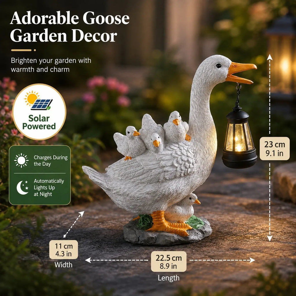 Solar Duck Garden Statue With Lantern, Resin Goose Family Figurine LED Light Waterproof Outdoor Home Decor For Patio, Lawn, Pond