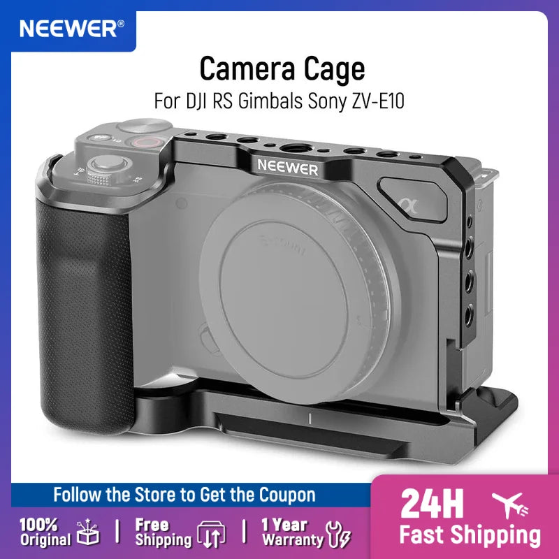 NEEWER ZV-E10 Camera Cage with Silicone Grip Arca Type QR Base Protective Metal Video Rig for DJI RS Gimbals Sony ZV-E10