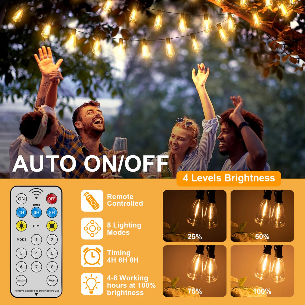 Solar G40 Globe LED String Lights with Remote, 8 Modes, Weatherproof, 10m 15 Bulbs or 18m 30 Bulbs