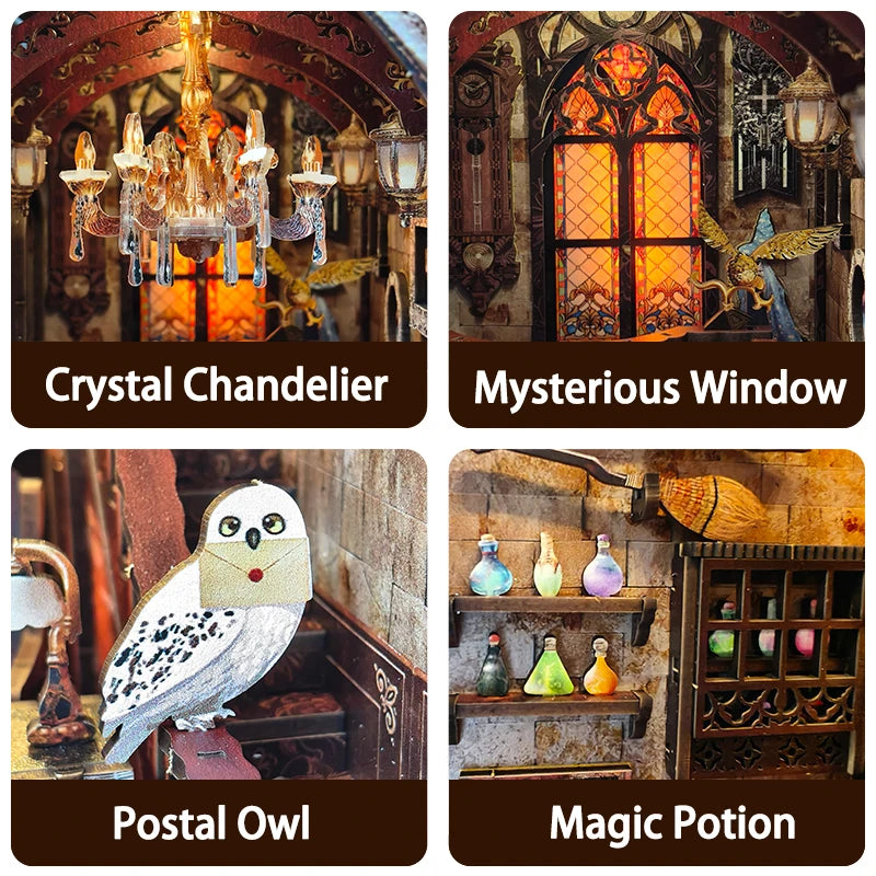 DIY Wooden Magic Academy Book Nook Figurines Miniatures Bookend Handmade Bookshelf for Friends Birthday Gifts Home Decor Crafts