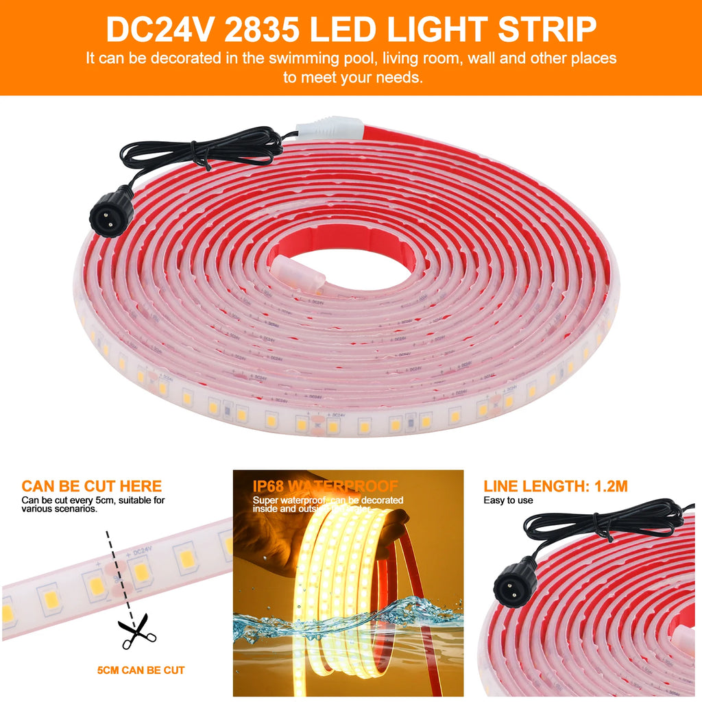 24V Solar Led Strip Light 2835 120LEDs/m Outdoor IP68 Waterproof Red Green Blue Pink Warm White Self-adhesive Garden Decor Lamps